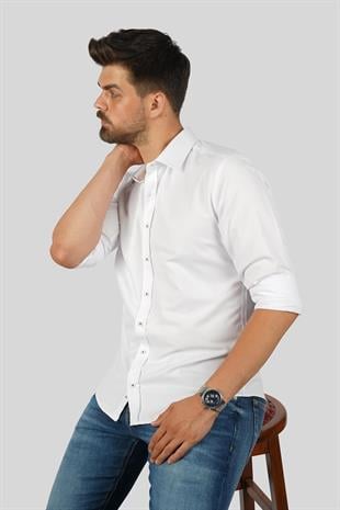 Beyaz Baklava Desen Slimfit Erkek Gömlek