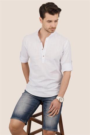 Beyaz Hakim Yaka Keten Üç Düğmeli Erkek Gömlek