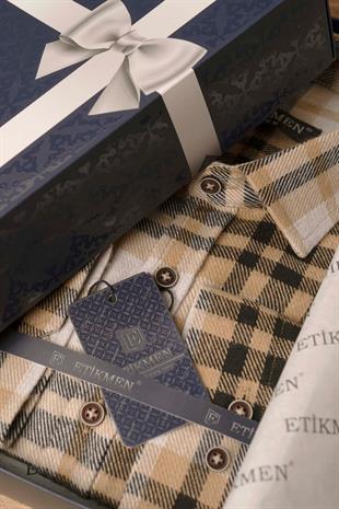 Beyaz Kahve Çizgili Slimfit Oduncu Erkek Gömlek