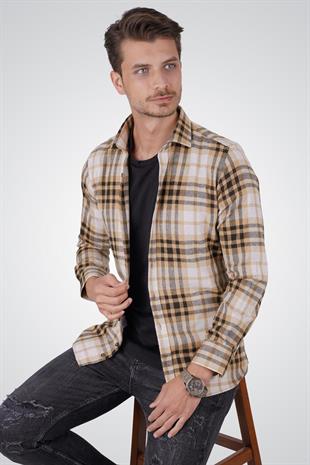 Beyaz Kahve Çizgili Slimfit Oduncu Erkek Gömlek