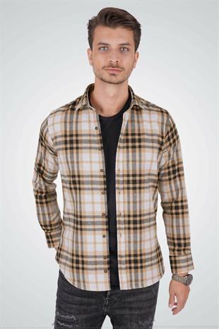 Beyaz Kahve Çizgili Slimfit Oduncu Erkek Gömlek