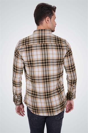 Beyaz Kahve Çizgili Slimfit Oduncu Erkek Gömlek