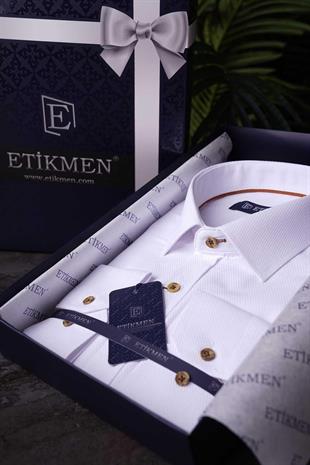 Beyaz Kahve Düğmeli Slimfit Erkek Gömlek