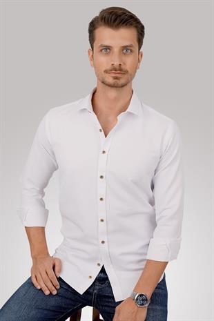 Beyaz Kahve Düğmeli Slimfit Erkek Gömlek