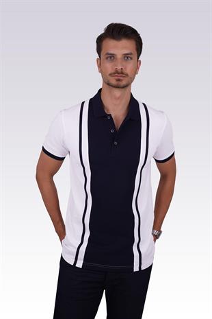 Beyaz Lacivert Çift Renkli Erkek Polo Yaka Tişört