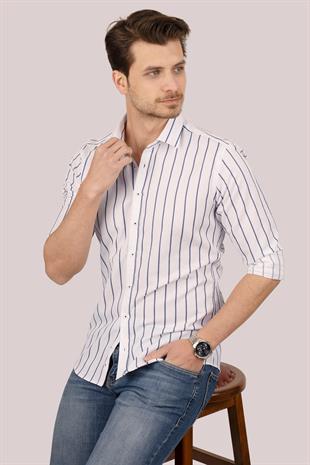 Beyaz Lacivert Çizgili Slimfit Erkek Gömlek