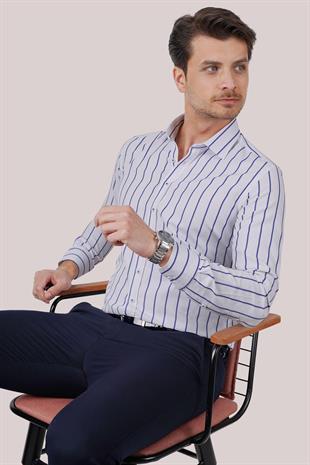 Beyaz Mavi Çizgili Slimfit Erkek Gömlek