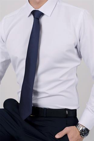 Beyaz Saten & Lacivert Düz Hediye Kutulu Gömlek Kravat Seti