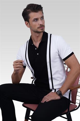 Beyaz Siyah Çift Renkli Erkek Polo Yaka Tişört