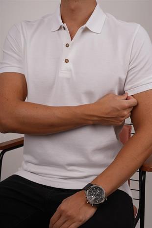 Beyaz Yaka Desenli Erkek Polo Yaka Tişört