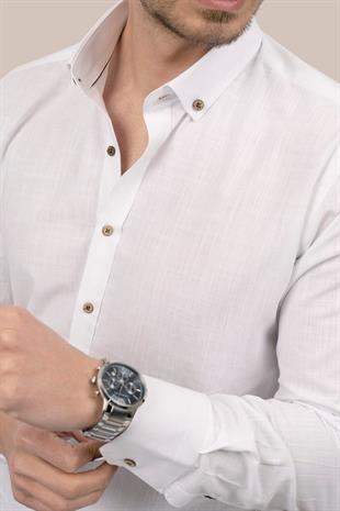 Beyaz Yaka Düğmeli Keten Slimfit Erkek Gömlek