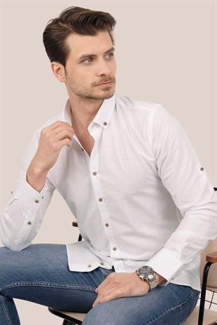 Beyaz Yaka Düğmeli Keten Slimfit Erkek Gömlek