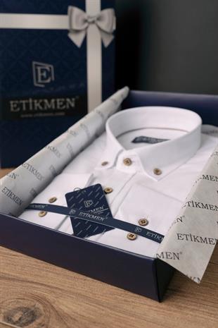 Beyaz Yaka Düğmeli Keten Slimfit Erkek Gömlek