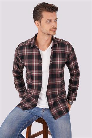 Bordo Beyaz Çizgili Slimfit Oduncu Erkek Gömlek