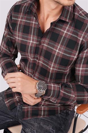 Bordo Beyaz Çizgili Slimfit Oduncu Erkek Gömlek