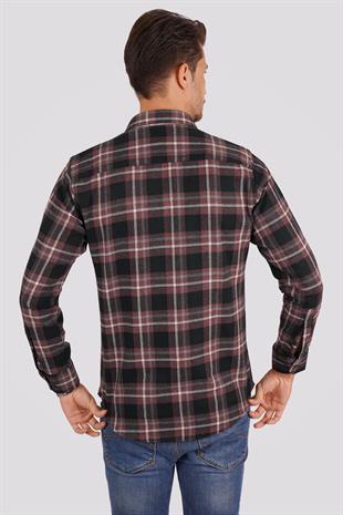 Bordo Beyaz Çizgili Slimfit Oduncu Erkek Gömlek