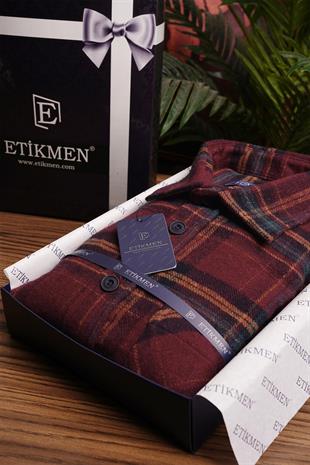 Bordo Sarı Çizgili Oversize Oduncu Erkek Gömlek