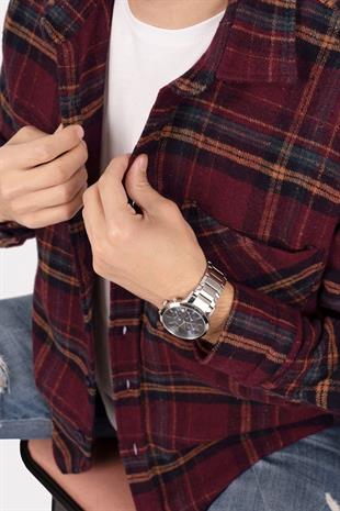 Bordo Sarı Çizgili Oversize Oduncu Erkek Gömlek