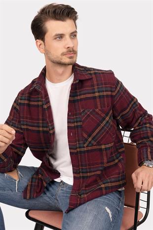 Bordo Sarı Çizgili Oversize Oduncu Erkek Gömlek