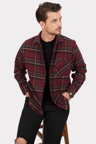 Bordo Sarı Çizgili Oversize Oduncu Erkek Gömlek