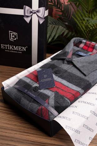 Dağ Grisi Kırmızı Çizgili Oversize Oduncu Erkek Gömlek