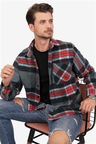 Dağ Grisi Kırmızı Çizgili Oversize Oduncu Erkek Gömlek
