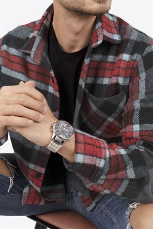 Dağ Grisi Kırmızı Çizgili Oversize Oduncu Erkek Gömlek