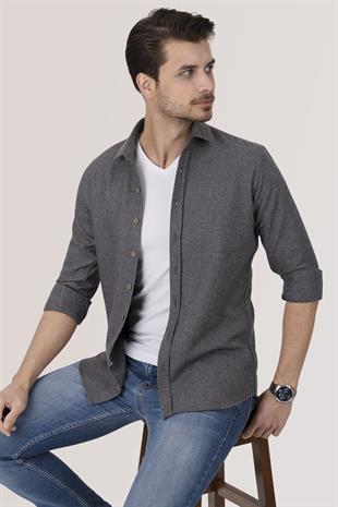 Füme Düz Slimfit Oduncu Erkek Gömlek