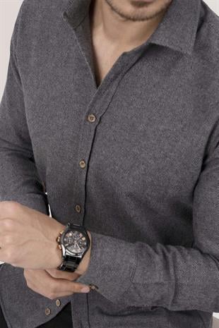 Füme Düz Slimfit Oduncu Erkek Gömlek
