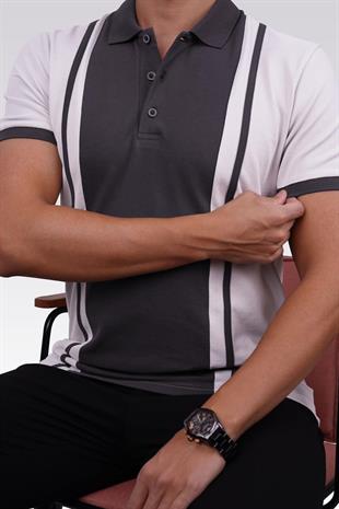 Füme Gri Çift Renkli Erkek Polo Yaka Tişört