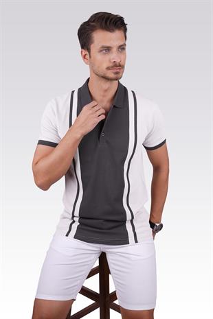Füme Gri Çift Renkli Erkek Polo Yaka Tişört