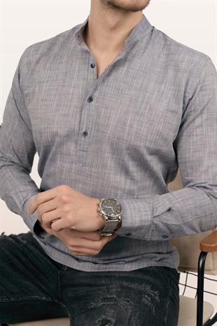 Füme Hakim Yaka Keten Üç Düğmeli Erkek Gömlek