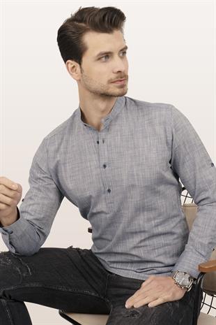 Füme Hakim Yaka Keten Üç Düğmeli Erkek Gömlek