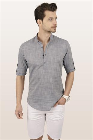 Füme Hakim Yaka Keten Üç Düğmeli Erkek Gömlek