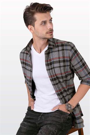 Füme Kırmızı Çizgili Slimfit Oduncu Erkek Gömlek