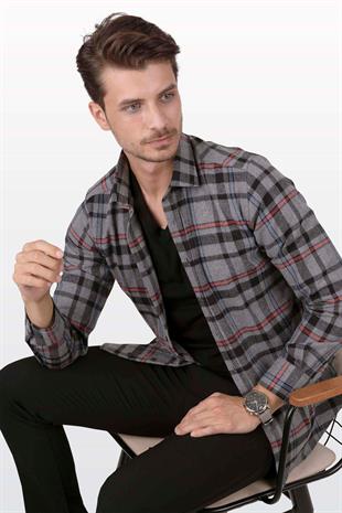 Füme Kırmızı Çizgili Slimfit Oduncu Erkek Gömlek