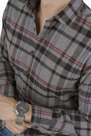 Füme Kırmızı Çizgili Slimfit Oduncu Erkek Gömlek