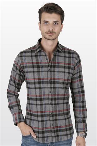 Füme Kırmızı Çizgili Slimfit Oduncu Erkek Gömlek