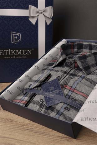 Füme Kırmızı Çizgili Slimfit Oduncu Erkek Gömlek