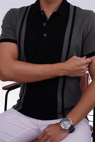 Füme Siyah Çift Renkli Erkek Polo Yaka Tişört