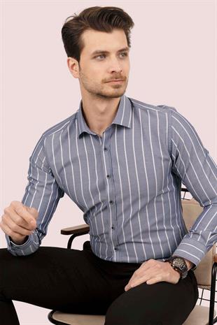 Gri Beyaz Çizgili Slimfit Erkek Gömlek