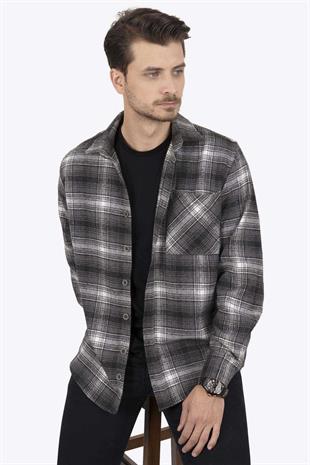 Gri Beyaz Geçişli Oversize Oduncu Erkek Gömlek