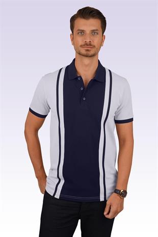Gri Lacivert Çift Renkli Erkek Polo Yaka Tişört