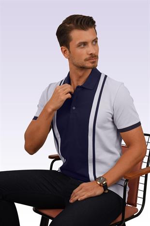 Gri Lacivert Çift Renkli Erkek Polo Yaka Tişört