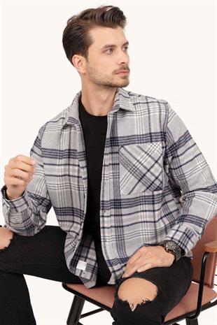 Gri Lacivert Çizgili Oversize Oduncu Erkek Gömlek