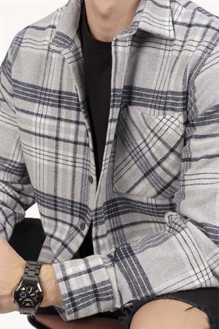 Gri Lacivert Çizgili Oversize Oduncu Erkek Gömlek
