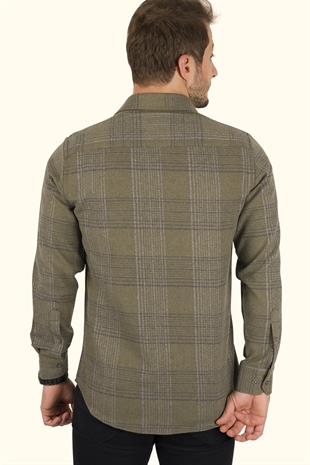 Haki Çizgili Slimfit Oduncu Erkek Gömlek