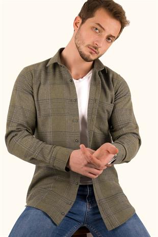 Haki Çizgili Slimfit Oduncu Erkek Gömlek
