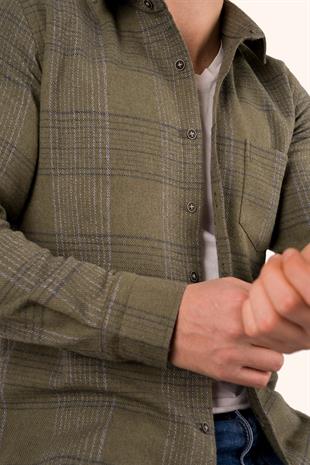 Haki Çizgili Slimfit Oduncu Erkek Gömlek