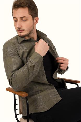 Haki Çizgili Slimfit Oduncu Erkek Gömlek